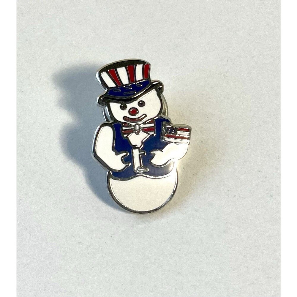 Patriotic Snowman Brooch or Pendant Enamel Red White Blue Flag SilveTone Setting